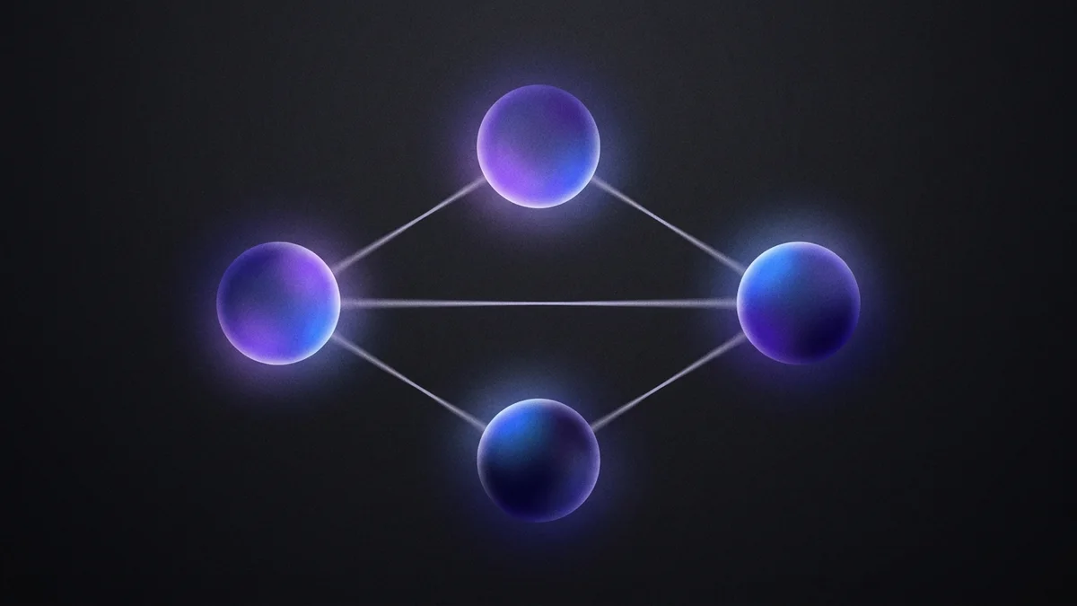 Сравнение нейросетей Gemini, ChatGPT и DeepSeek — три светящихся сферы, соединённые линиями