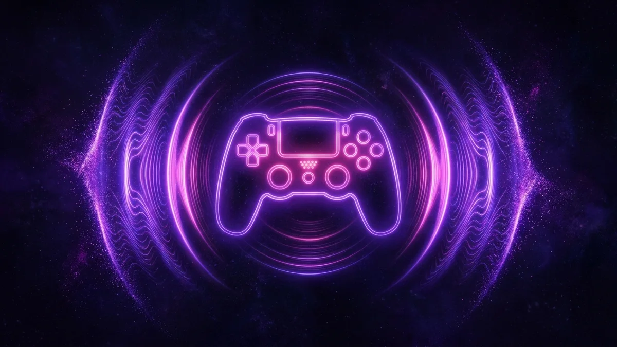 Звук для игры нейросетью — звуковые волны, расходящиеся от силуэта геймпада