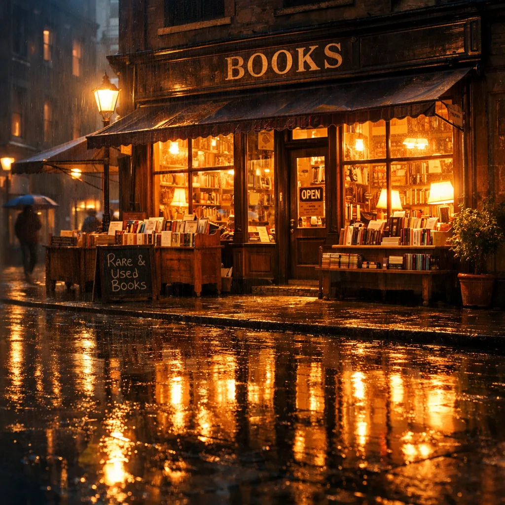 Изображение книжной лавки в дождливый вечер, сгенерированное нейросетью GPT Image от OpenAI